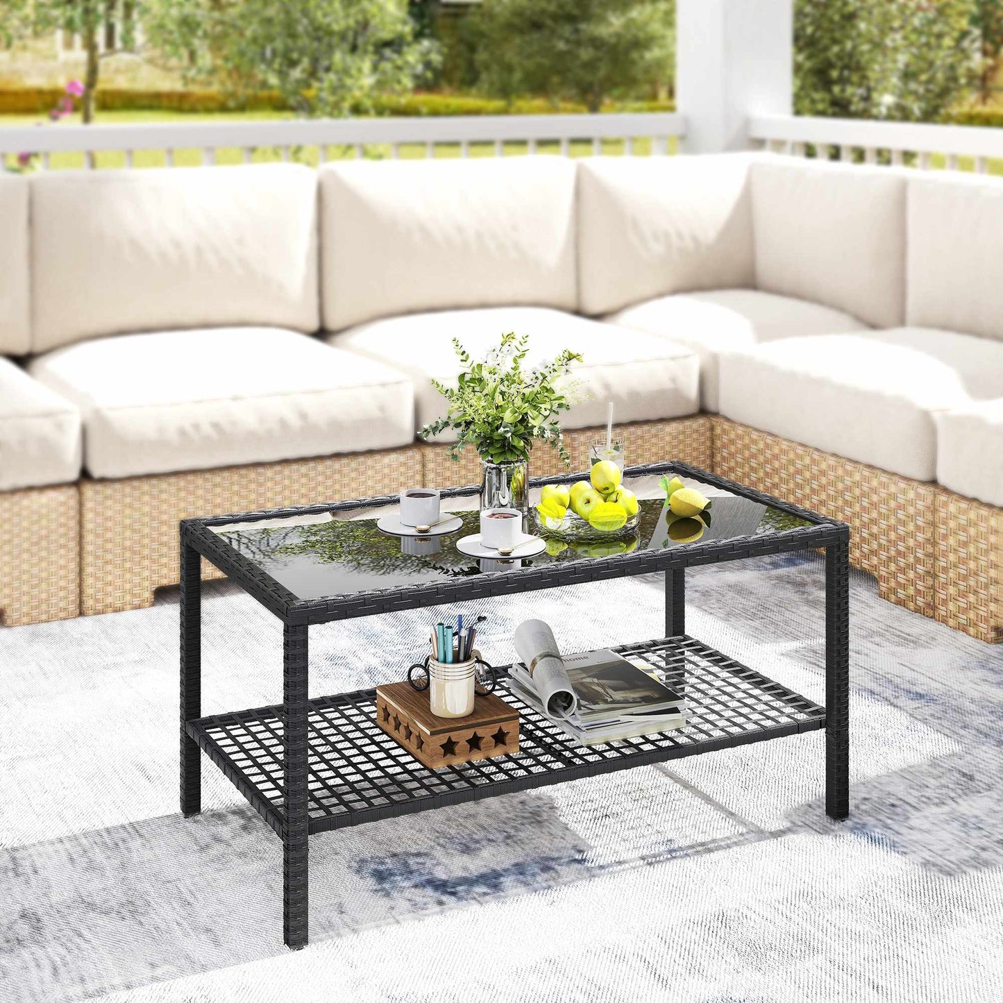 Two-Tier Rattan Coffee Table with Glass Top, Black
