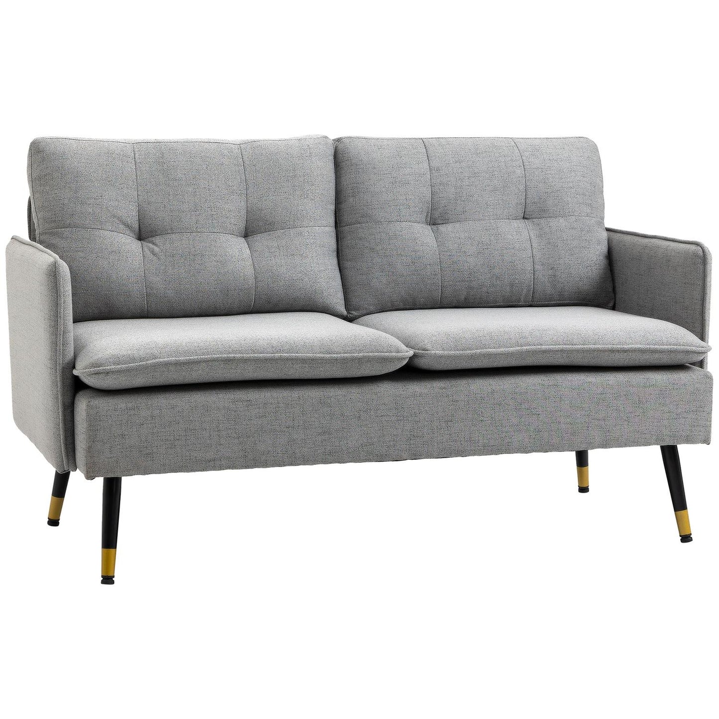 Two-seater gray sofa with cushions, linen look