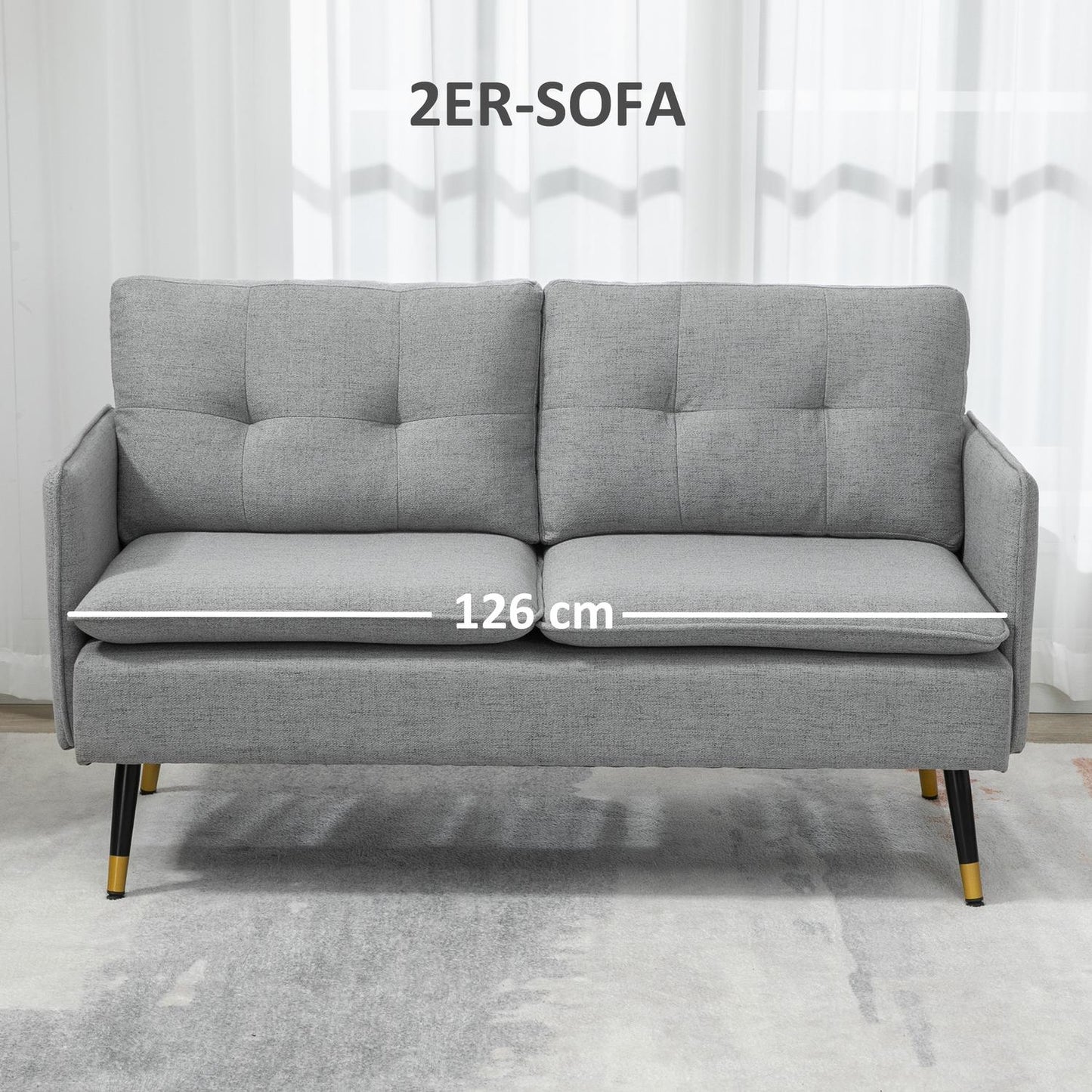 Two-seater gray sofa with cushions, linen look