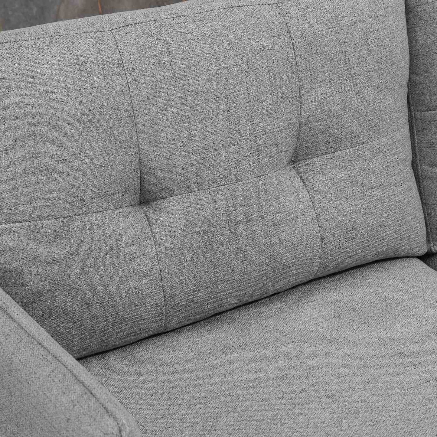 Two-seater gray sofa with cushions, linen look