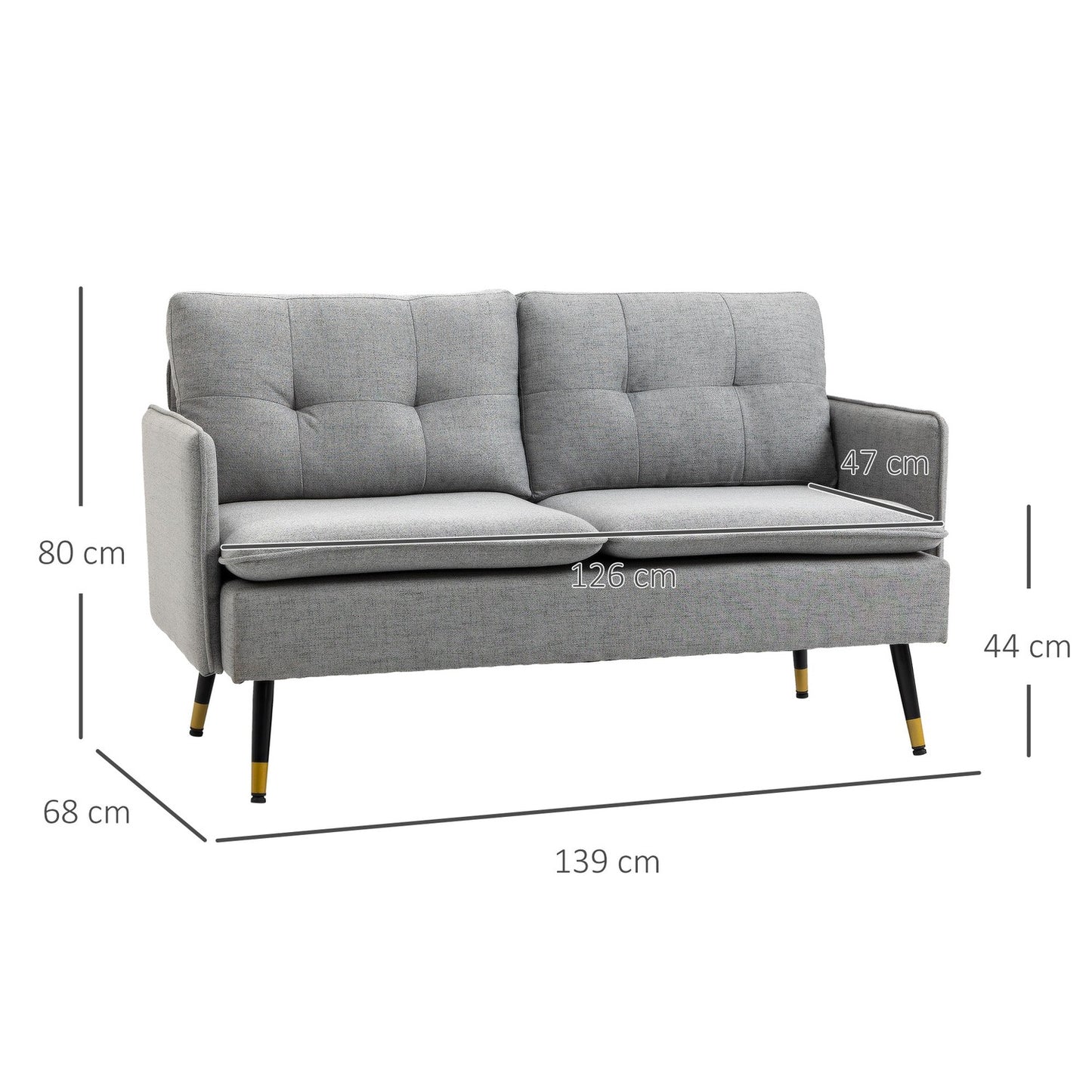 Two-seater gray sofa with cushions, linen look