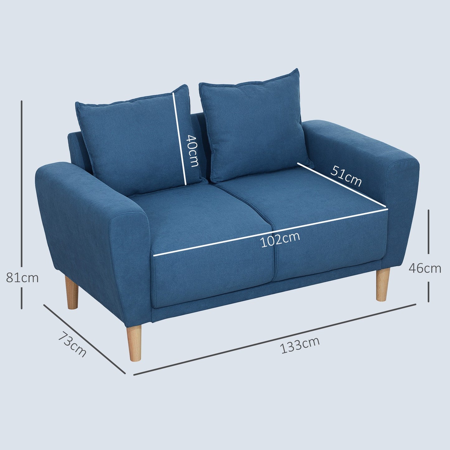 Blue Velvet 2-seater sofa with cushions and deep seat