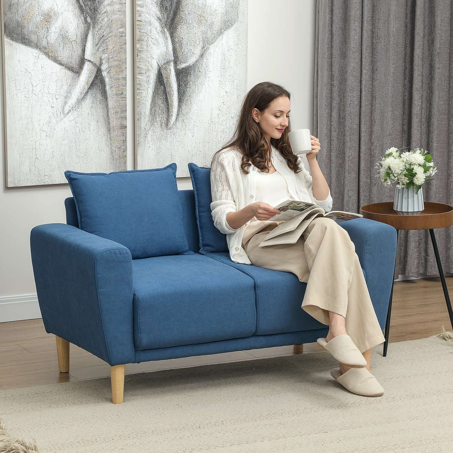Blue Velvet 2-seater sofa with cushions and deep seat