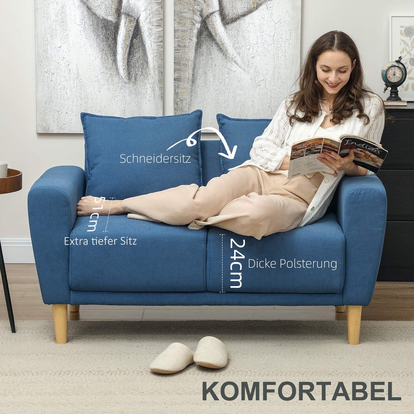 Blue Velvet 2-seater sofa with cushions and deep seat