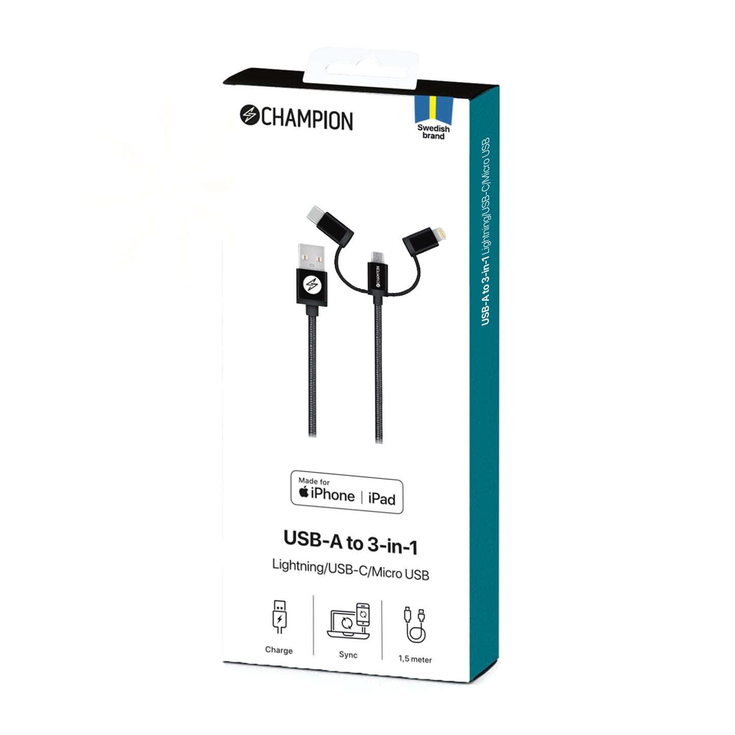 USB-A to Lightning, USB-C and Micro-USB 1.5m Black
