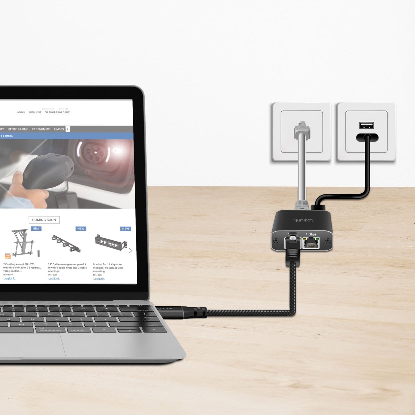 USB-C to RJ45 Ethernet Cable, 1 Gbps, 1m Length