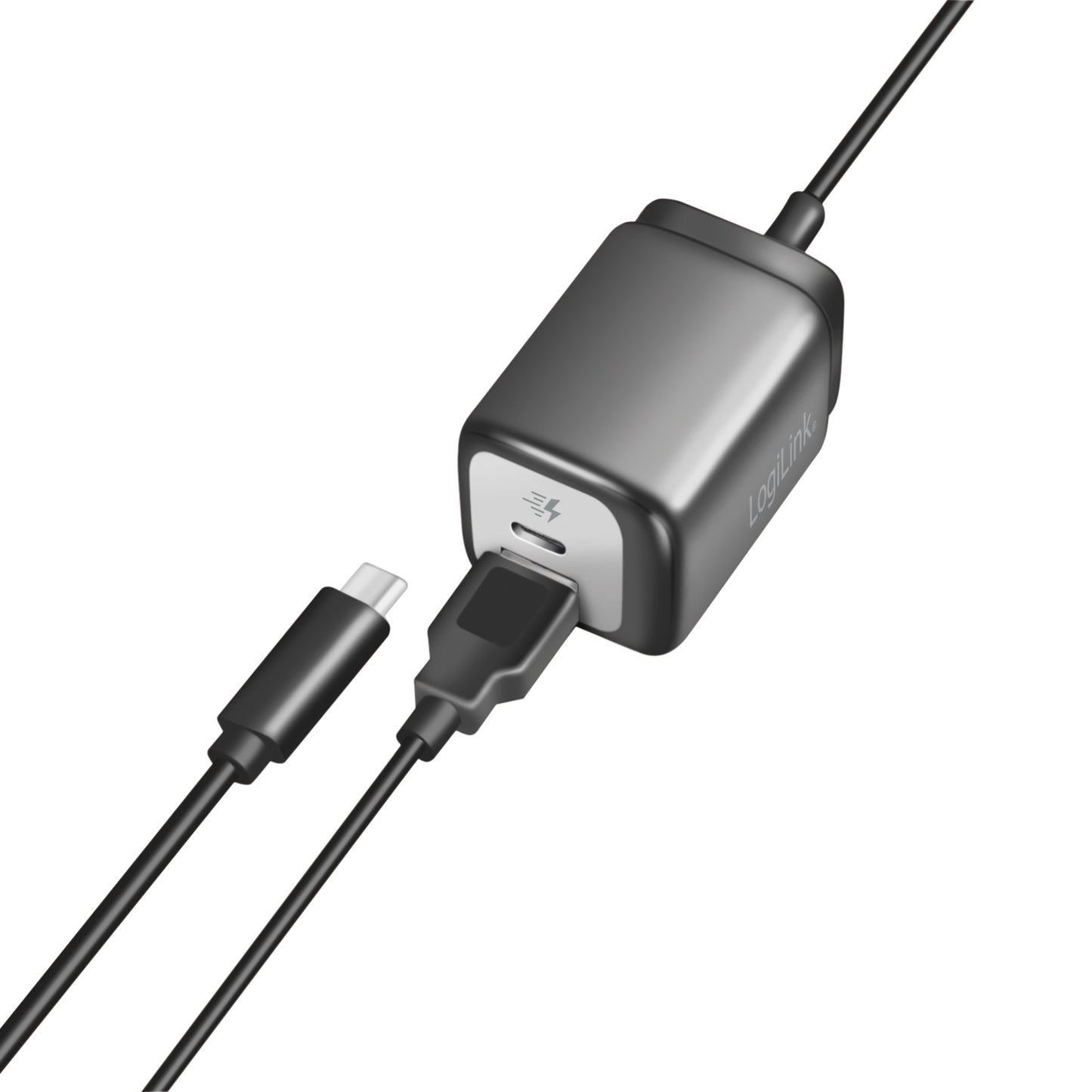 USB charger 1xUSB-A + 1xUSB-C with fixed cable 1.5m GaN 30W