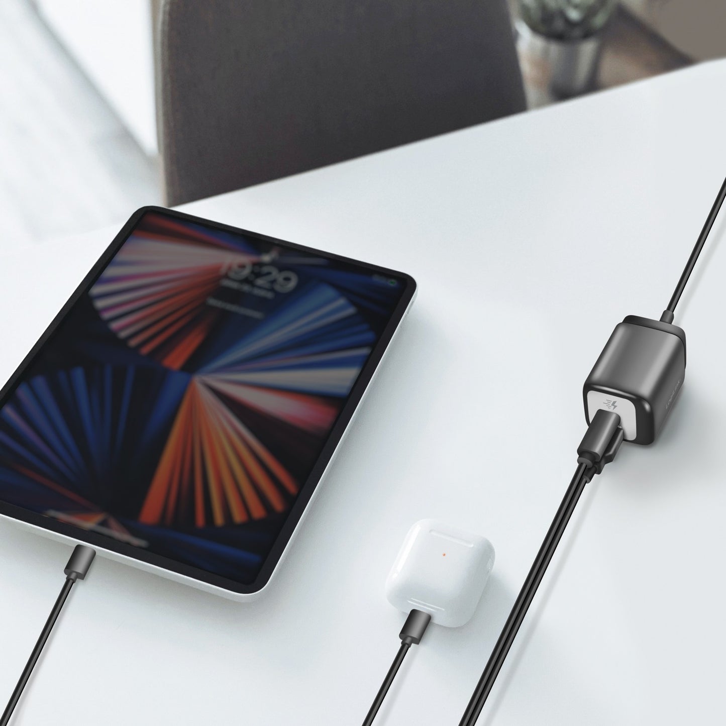 USB charger 1xUSB-A + 1xUSB-C with fixed cable 1.5m GaN 30W