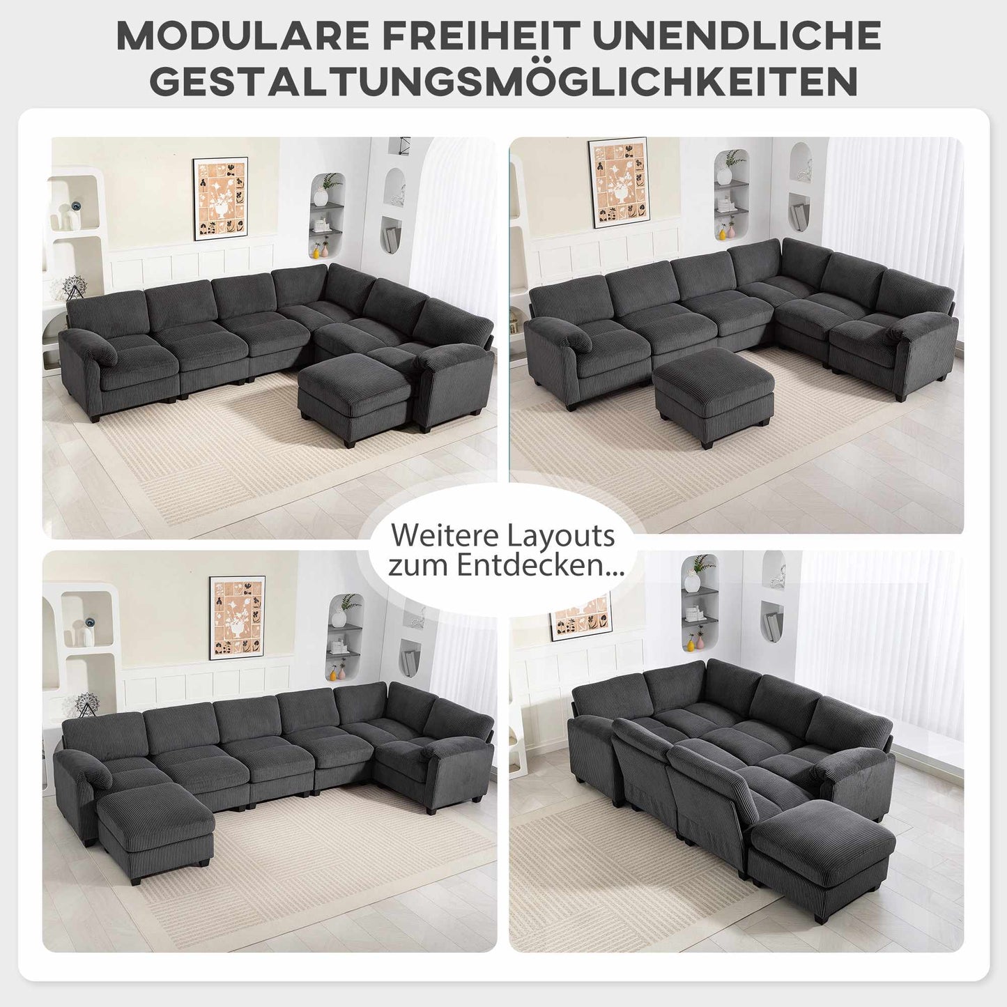 U-Shaped Sectional Sofa with Corduroy Fabric, Dark Grey, 292x224 cm