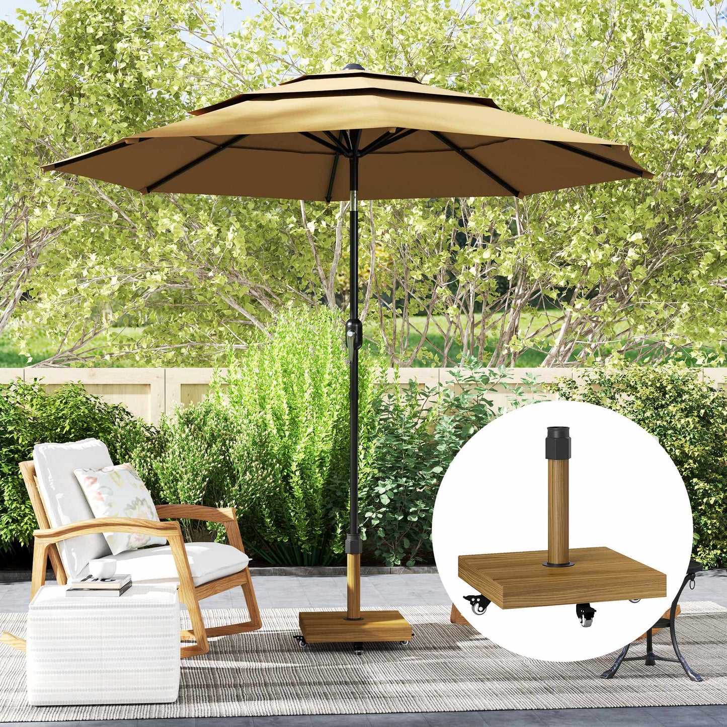 Umbrella Base with Wheels, Wood Look, Metal, Concrete