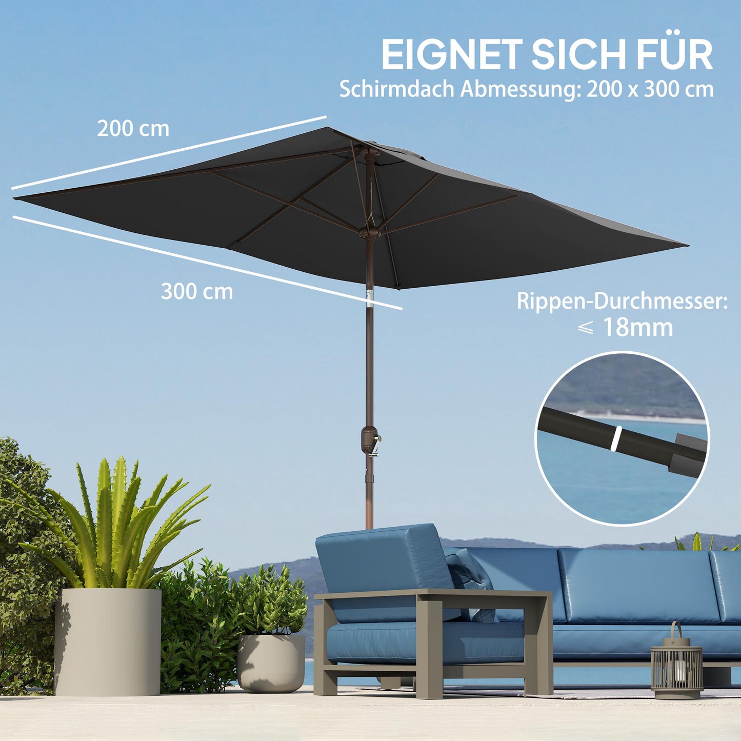Umbrella Canopy Replacement, 200x300 cm, UV 50+, Dark Grey