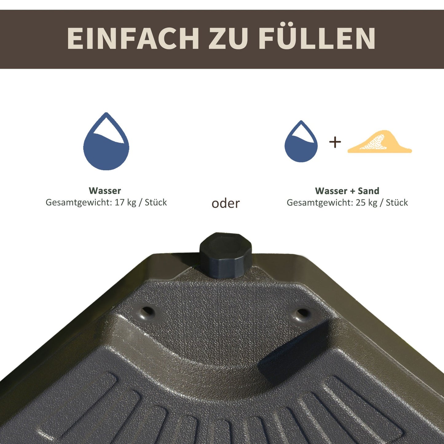 Refillable HDPE umbrella stand, coffee, 17 kg water/25 kg sand