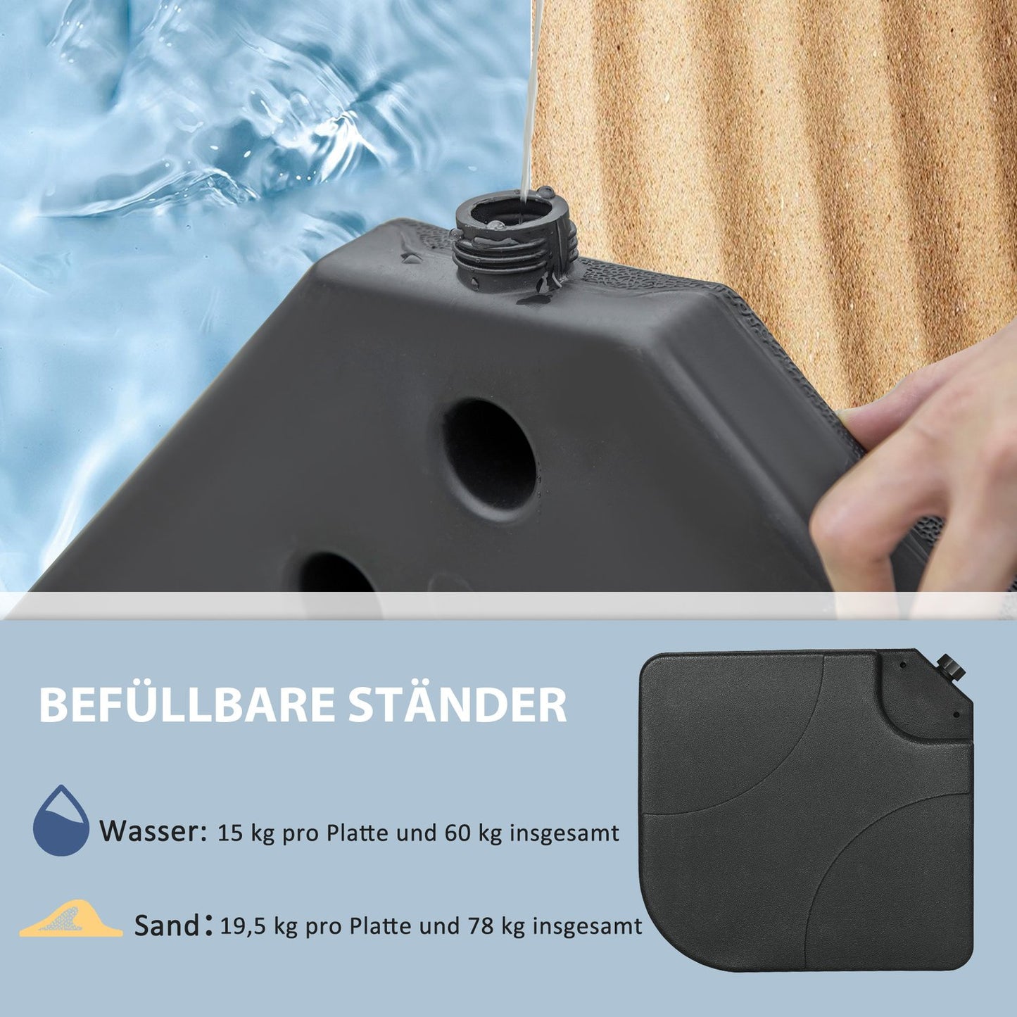 Cantilever umbrella stand, water/sand fillable, black