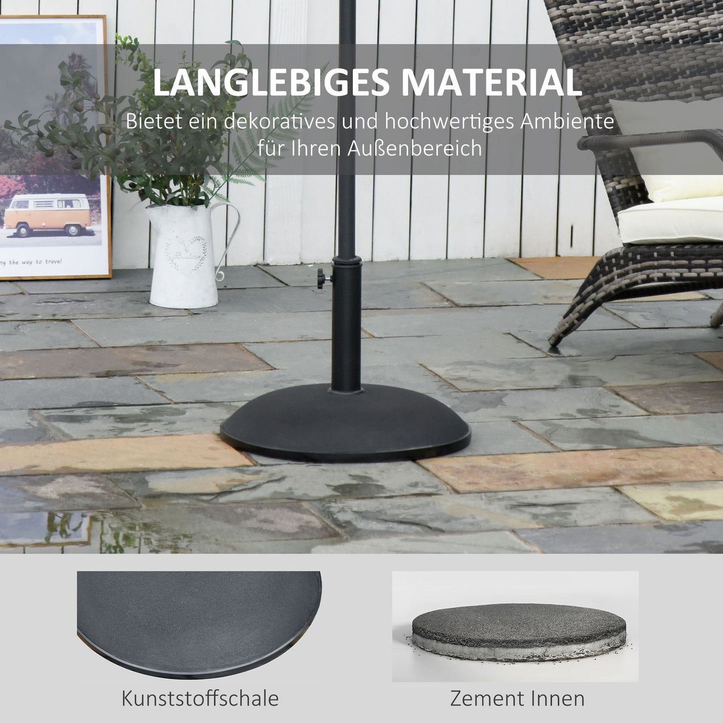 Parasol base in black steel and cement, 25 kg, ∅49 X 37 cm