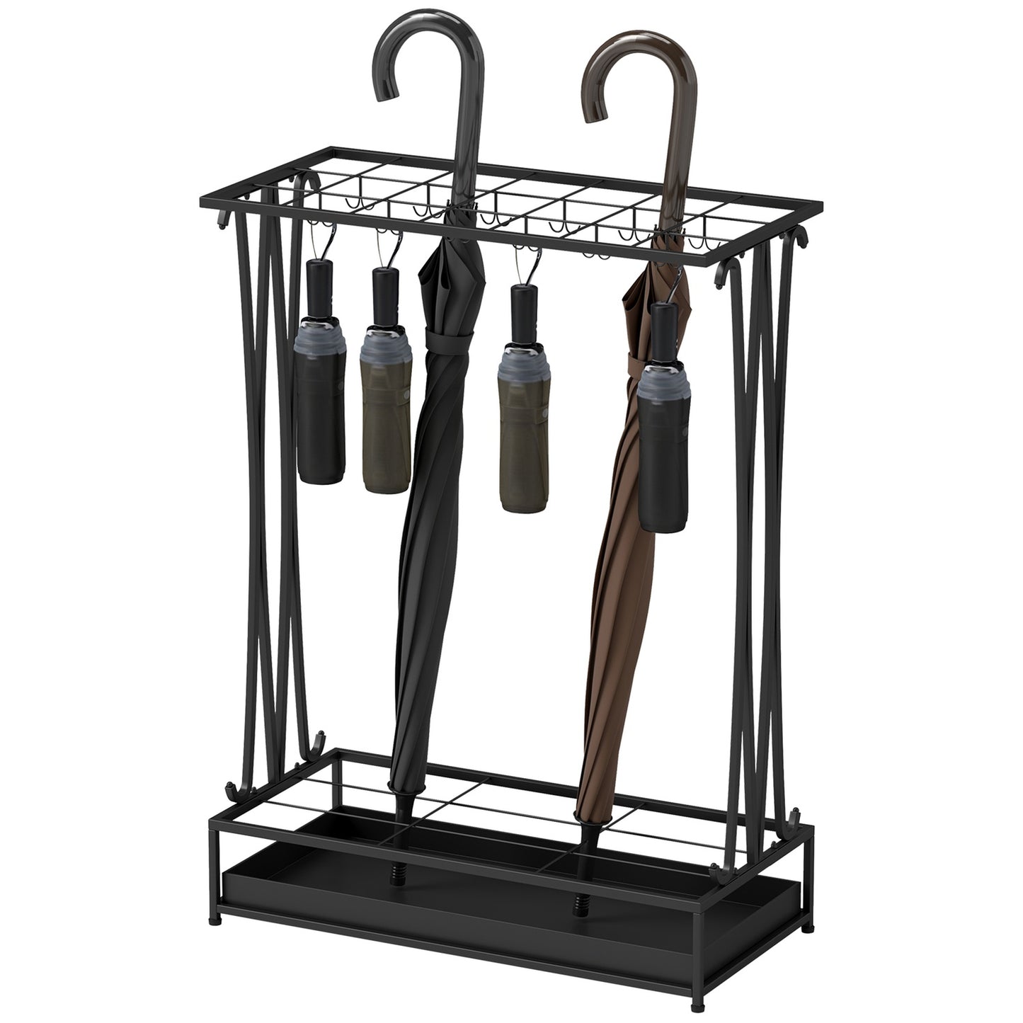 Steel umbrella stand with 24 hooks & water tray, black