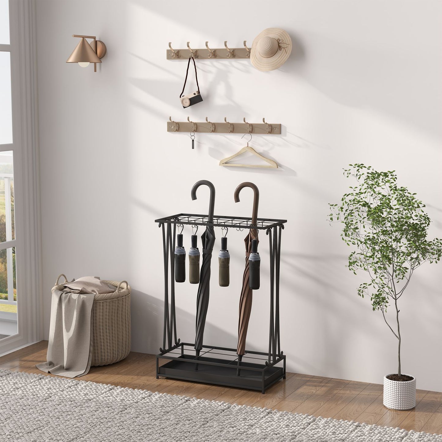 Steel umbrella stand with 24 hooks & water tray, black