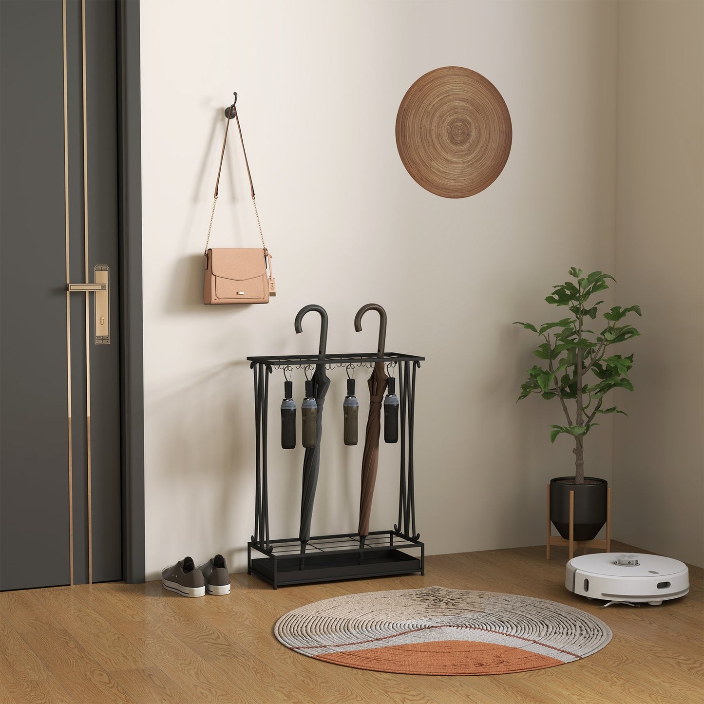 Steel umbrella stand with 24 hooks & water tray, black