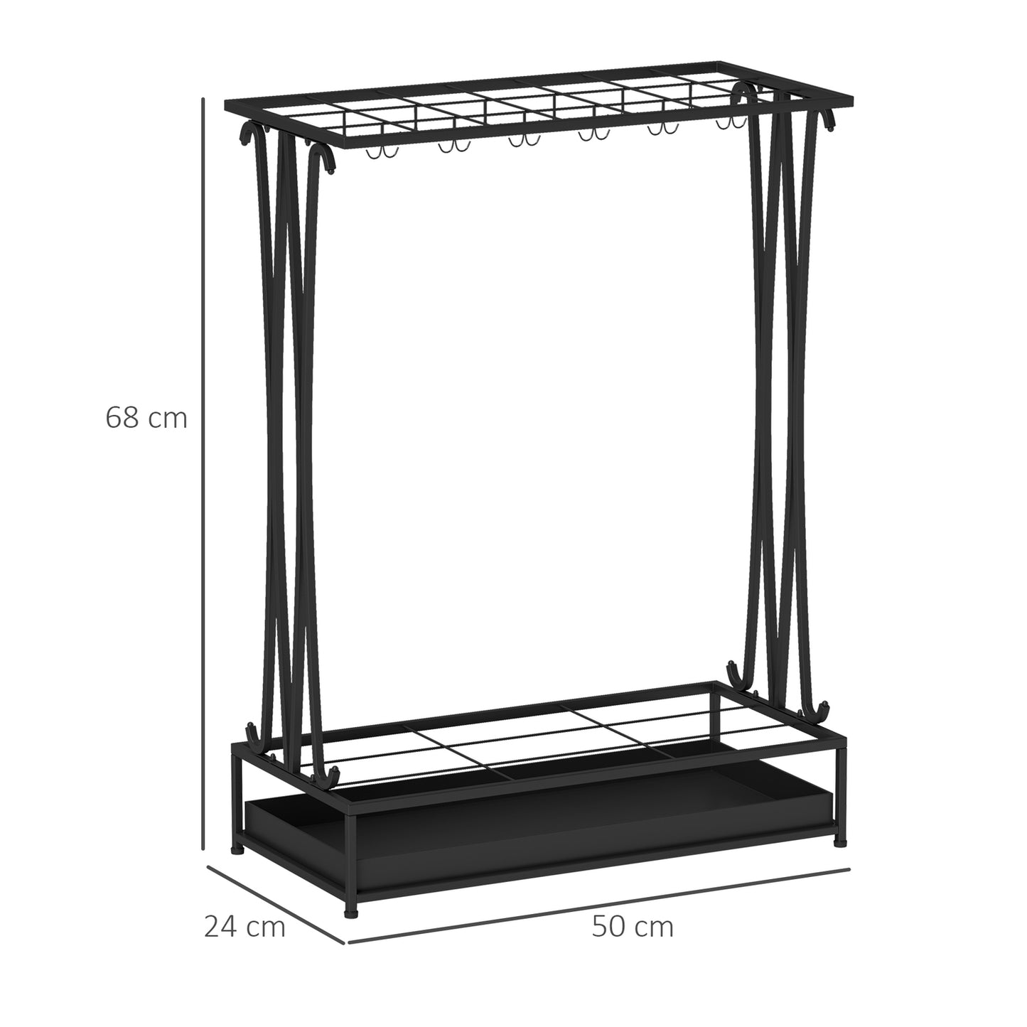 Steel umbrella stand with 24 hooks & water tray, black