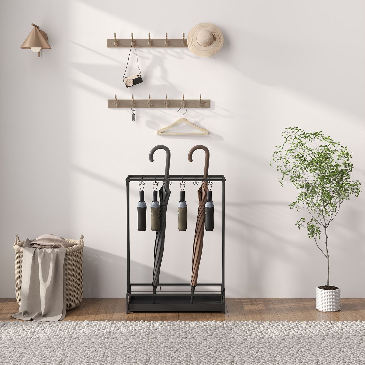 Steel umbrella stand with 24 hooks & water tray, black