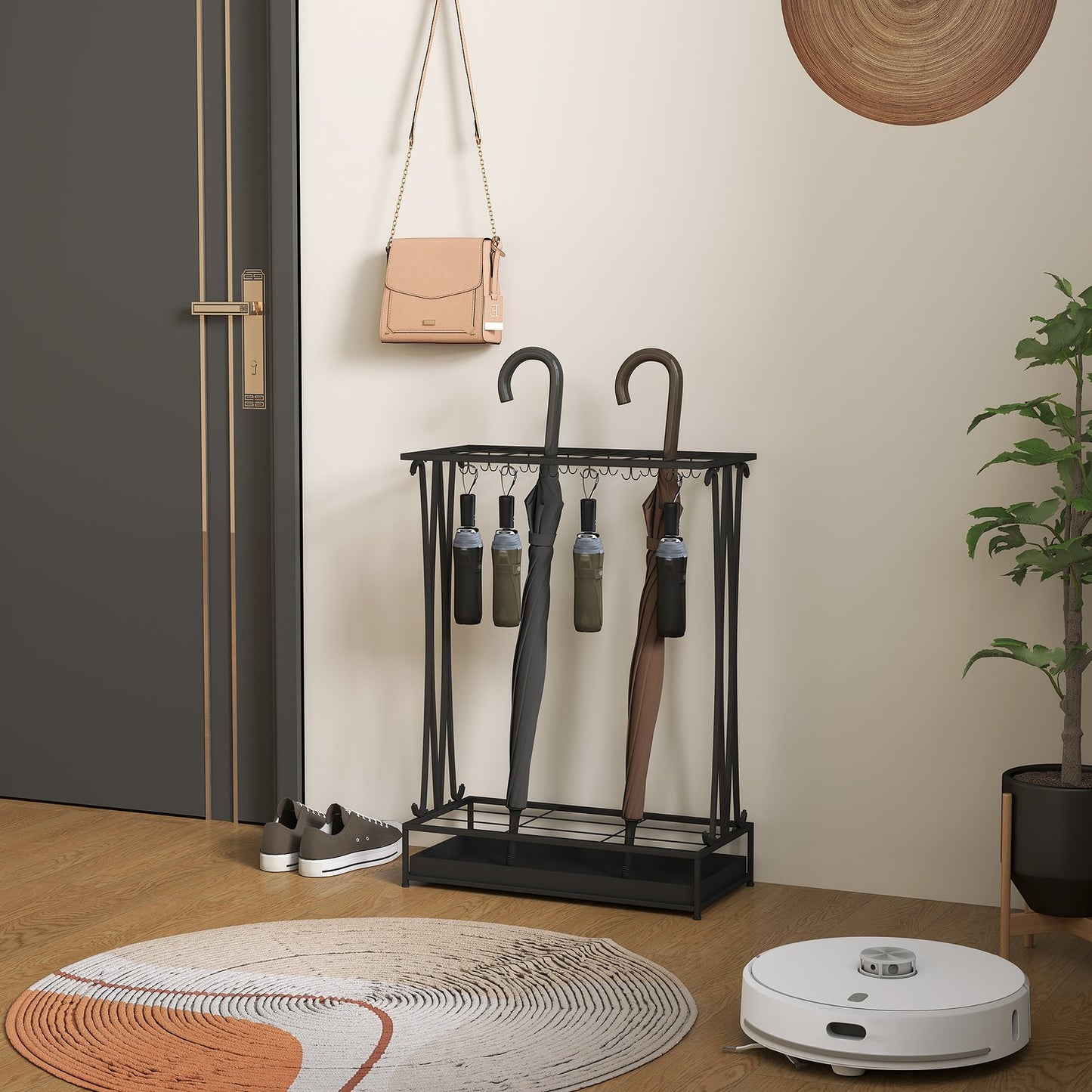 Steel umbrella stand with 24 hooks & water tray, black