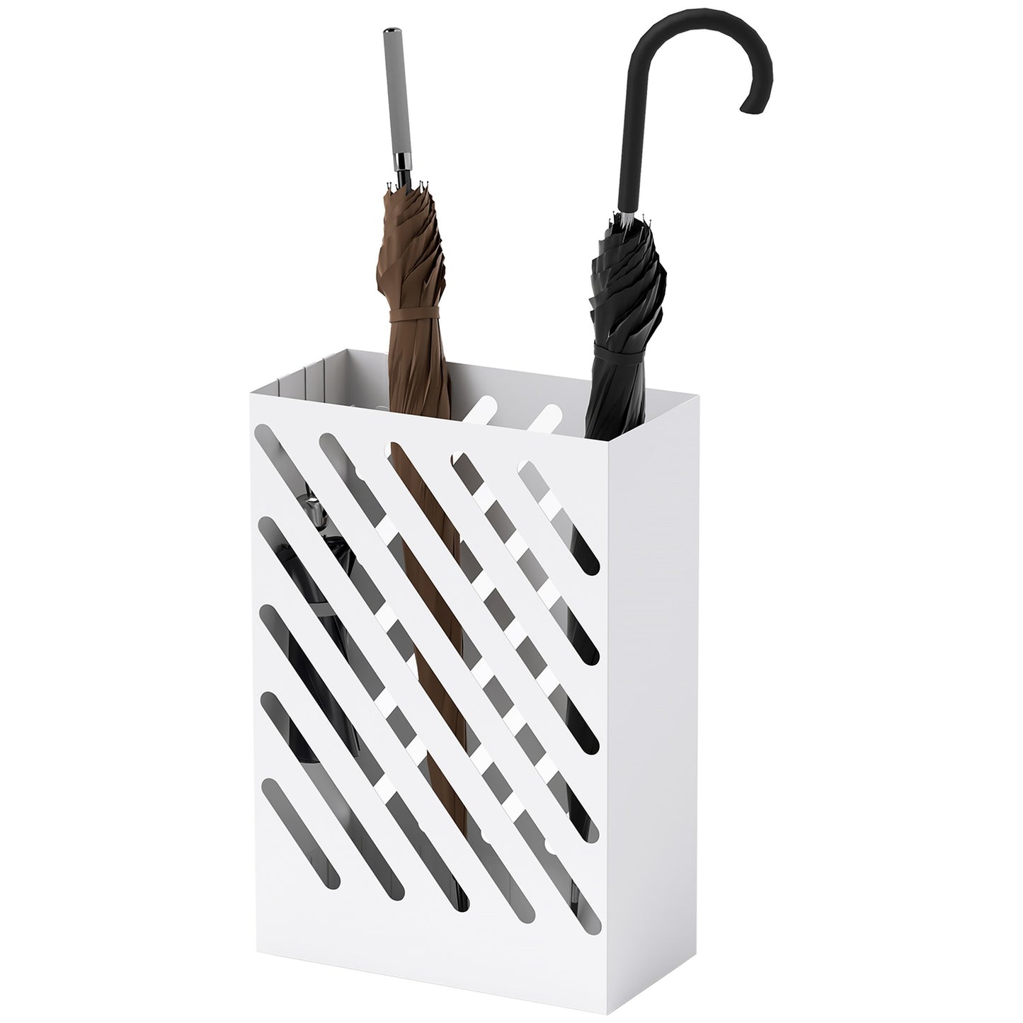 Umbrella stand in white steel with hooks and water tray