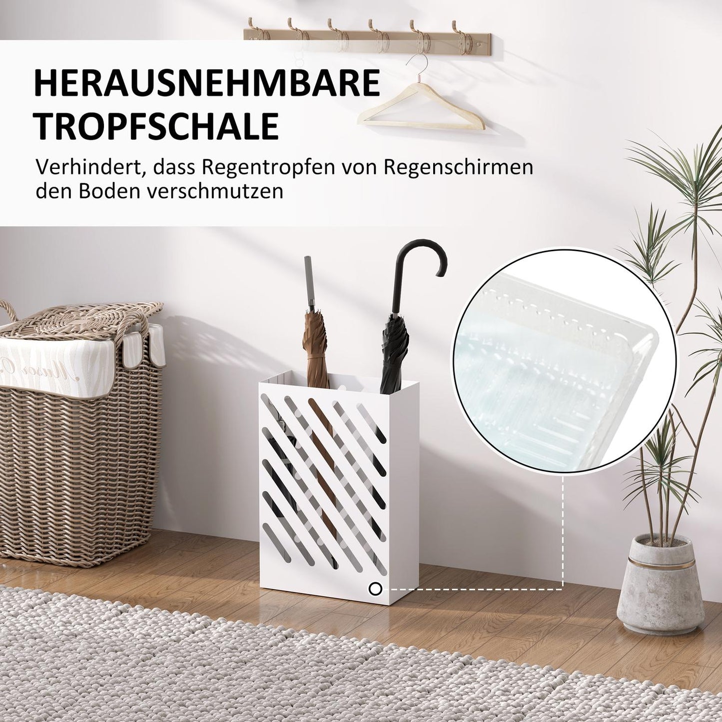Umbrella stand in white steel with hooks and water tray