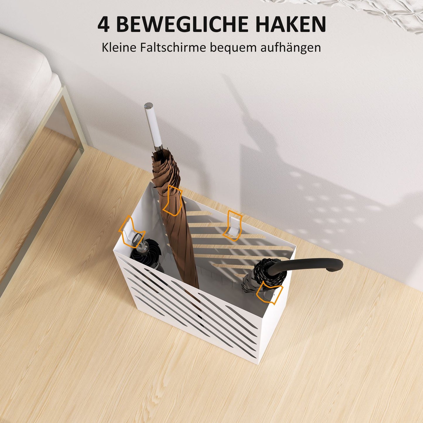 Umbrella stand in white steel with hooks and water tray