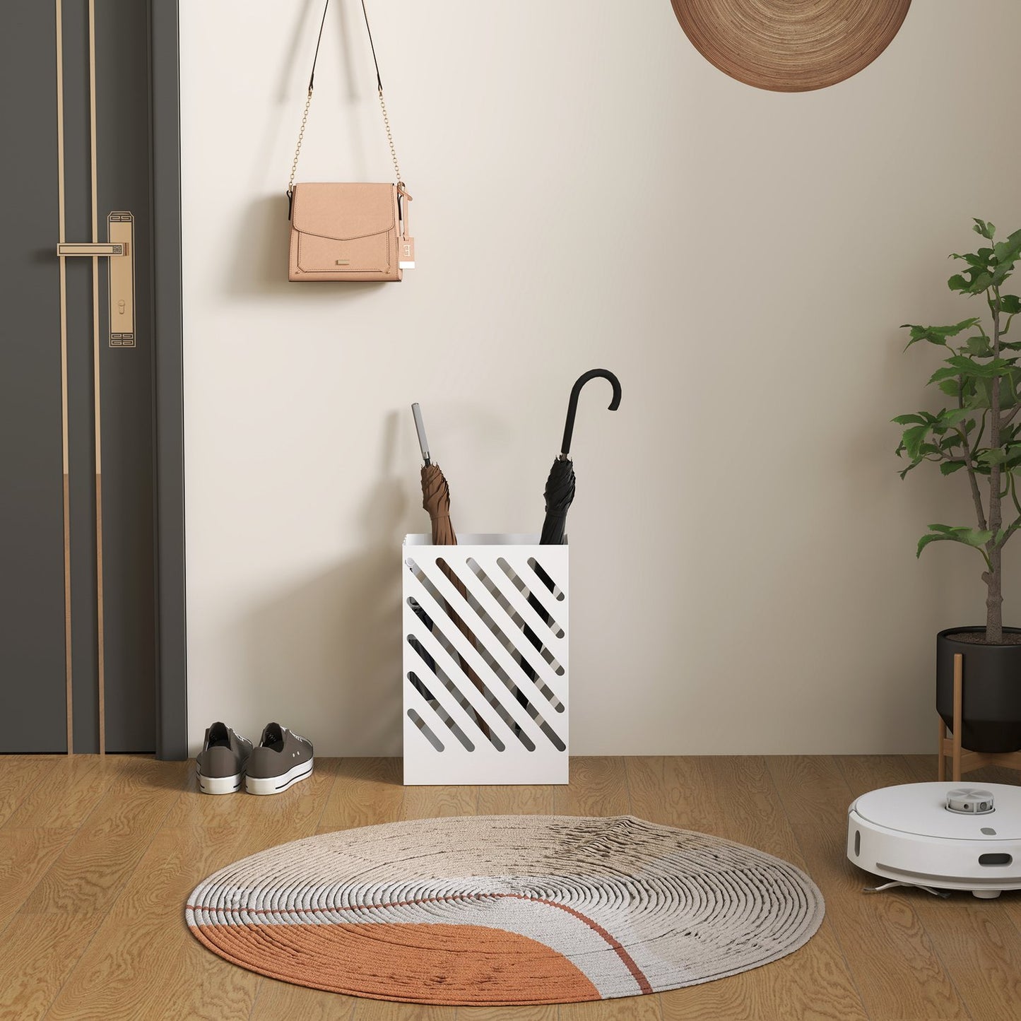 Umbrella stand in white steel with hooks and water tray