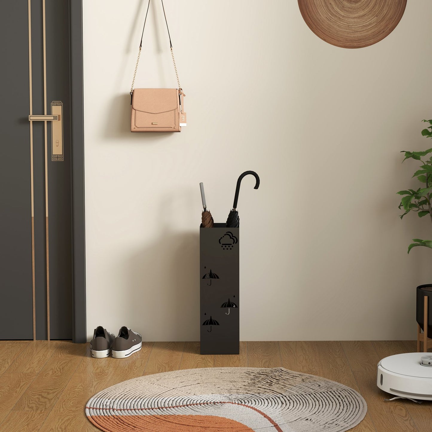 Umbrella stand in black steel with hooks and drain tray