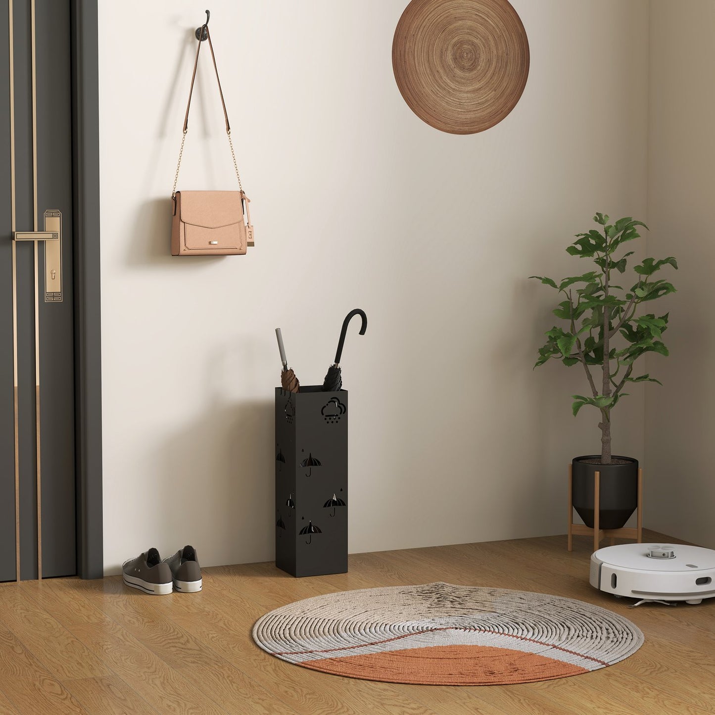 Umbrella stand in black steel with hooks and drain tray