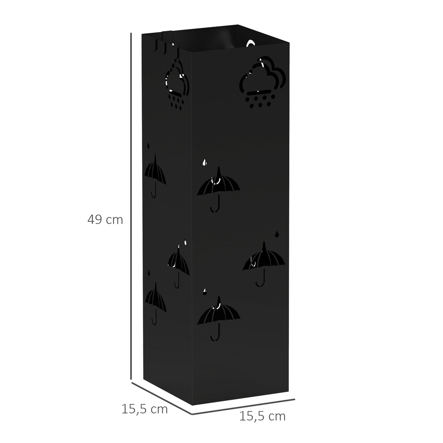 Umbrella stand in black steel with hooks and drain tray