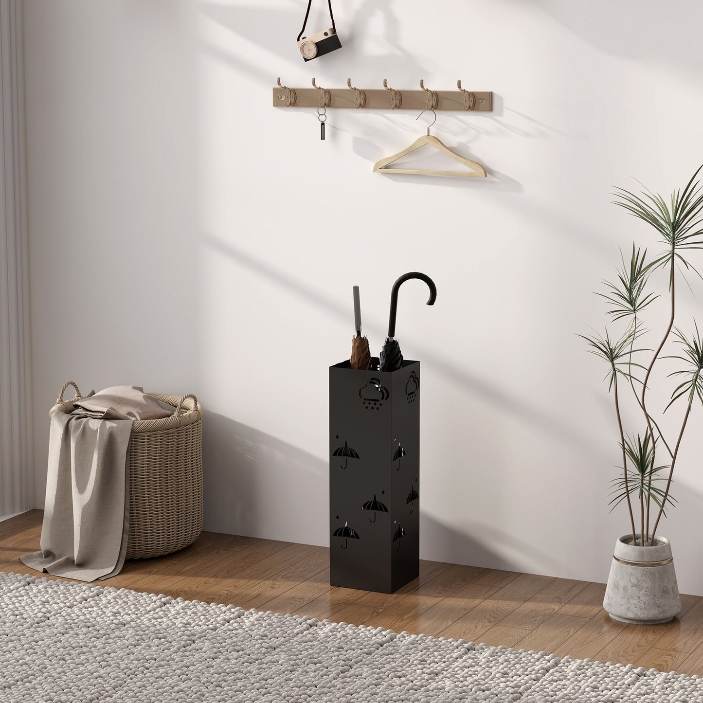 Umbrella stand in black steel with hooks and drain tray
