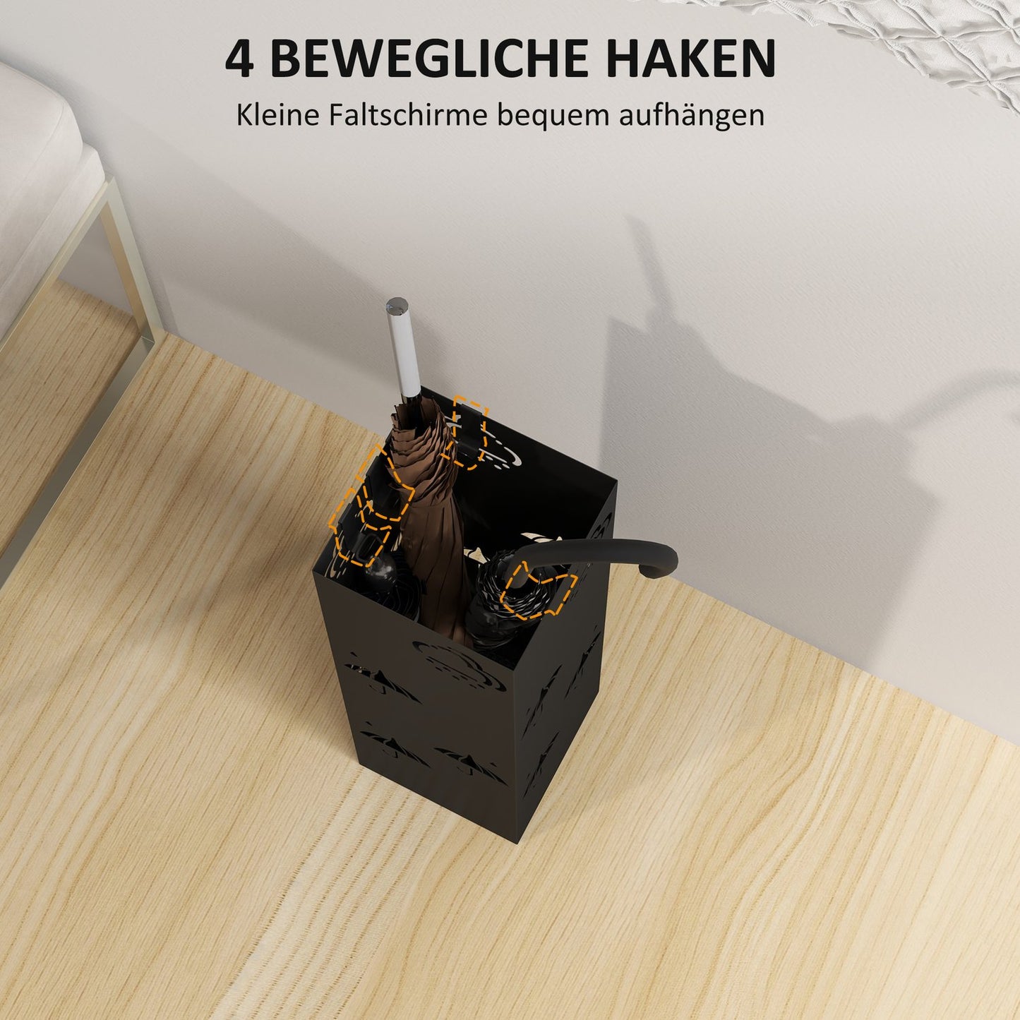 Umbrella stand in black steel with hooks and drain tray