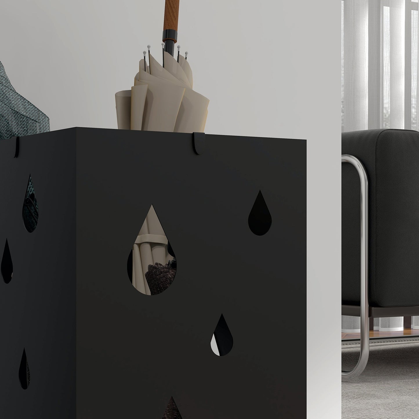 Umbrella stand in black steel with hooks and drip tray