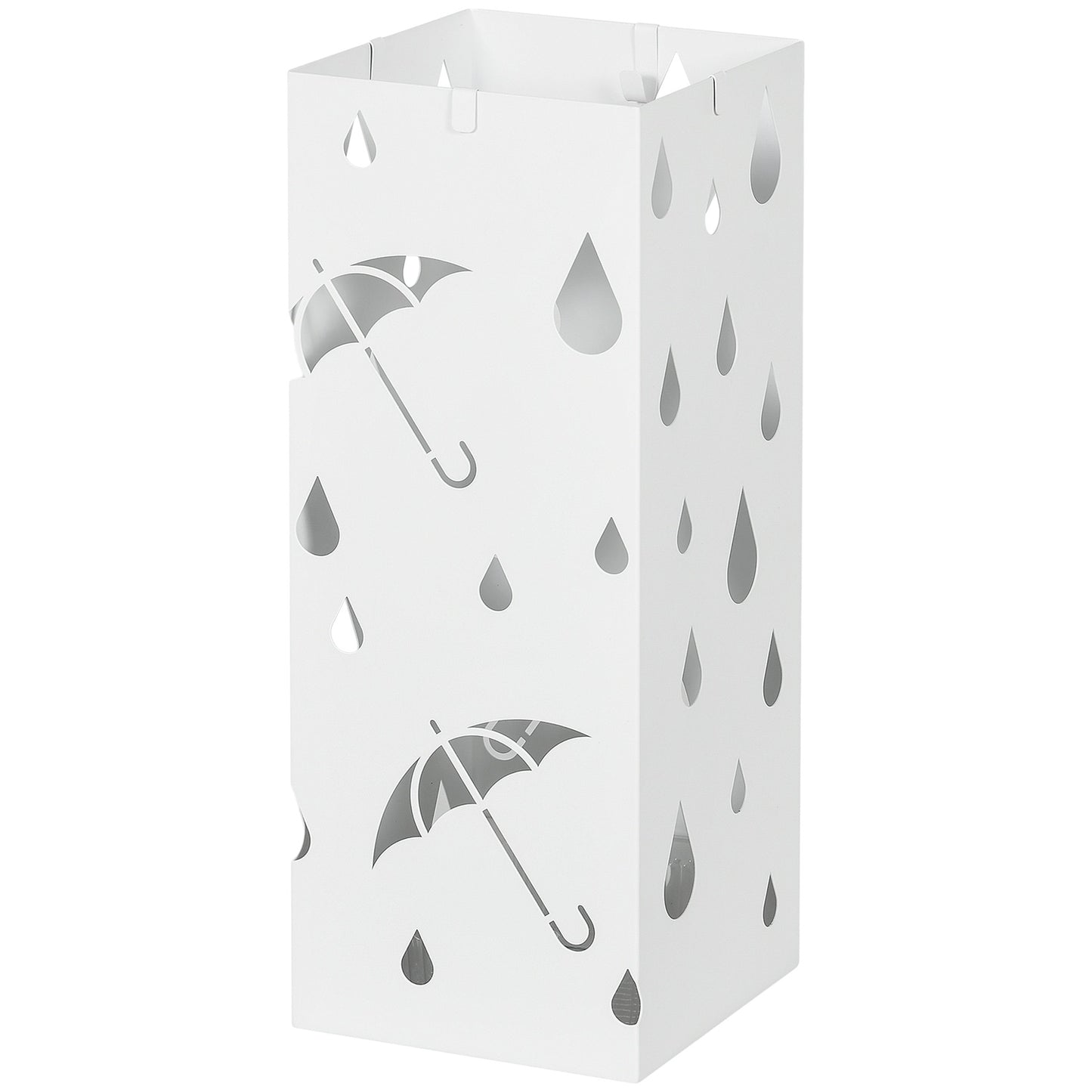 Steel umbrella stand with hooks and water tray - White