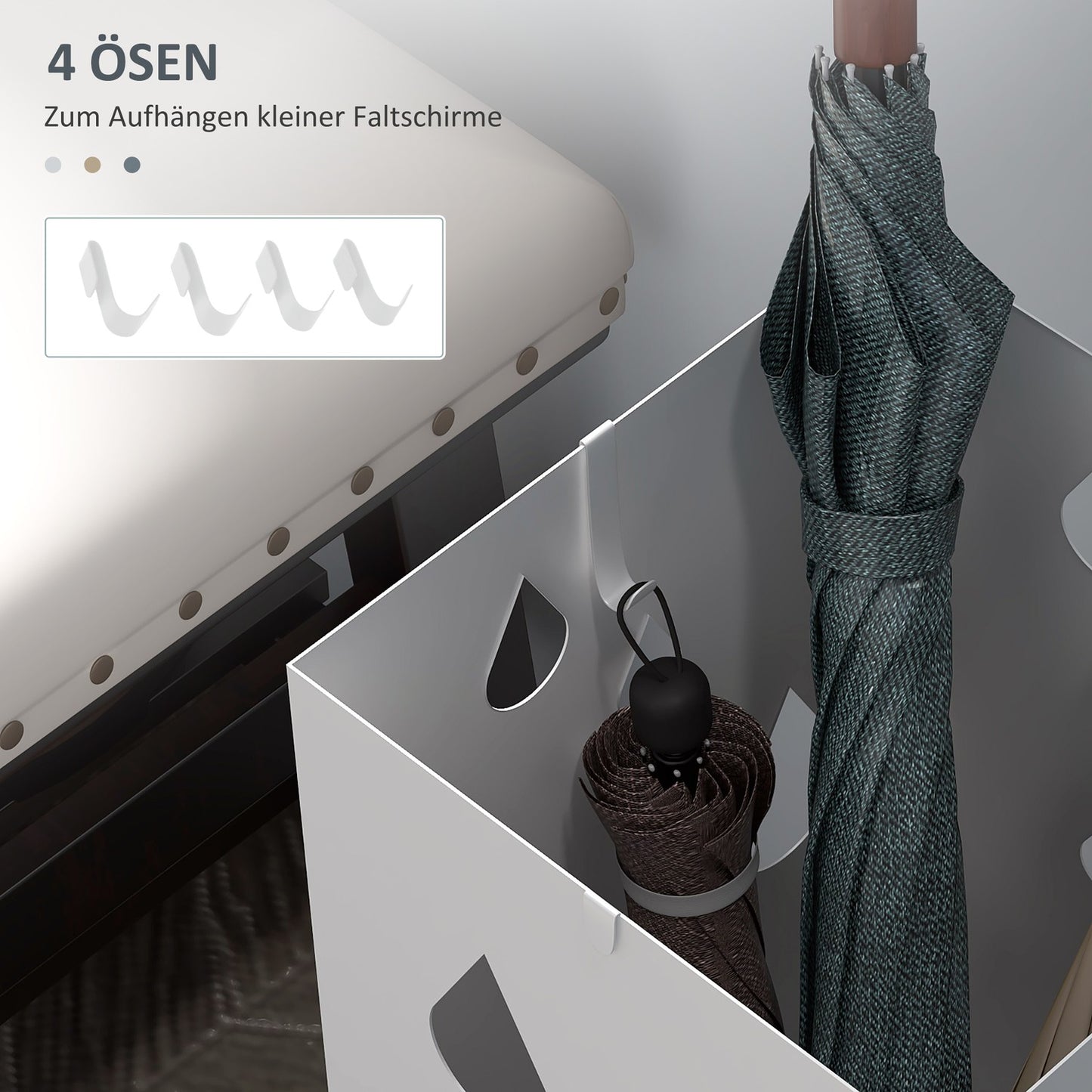 Steel umbrella stand with hooks and water tray - White