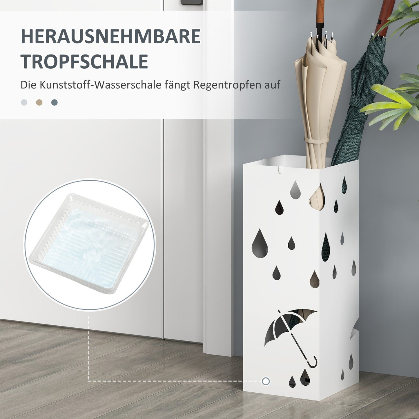 Steel umbrella stand with hooks and water tray - White