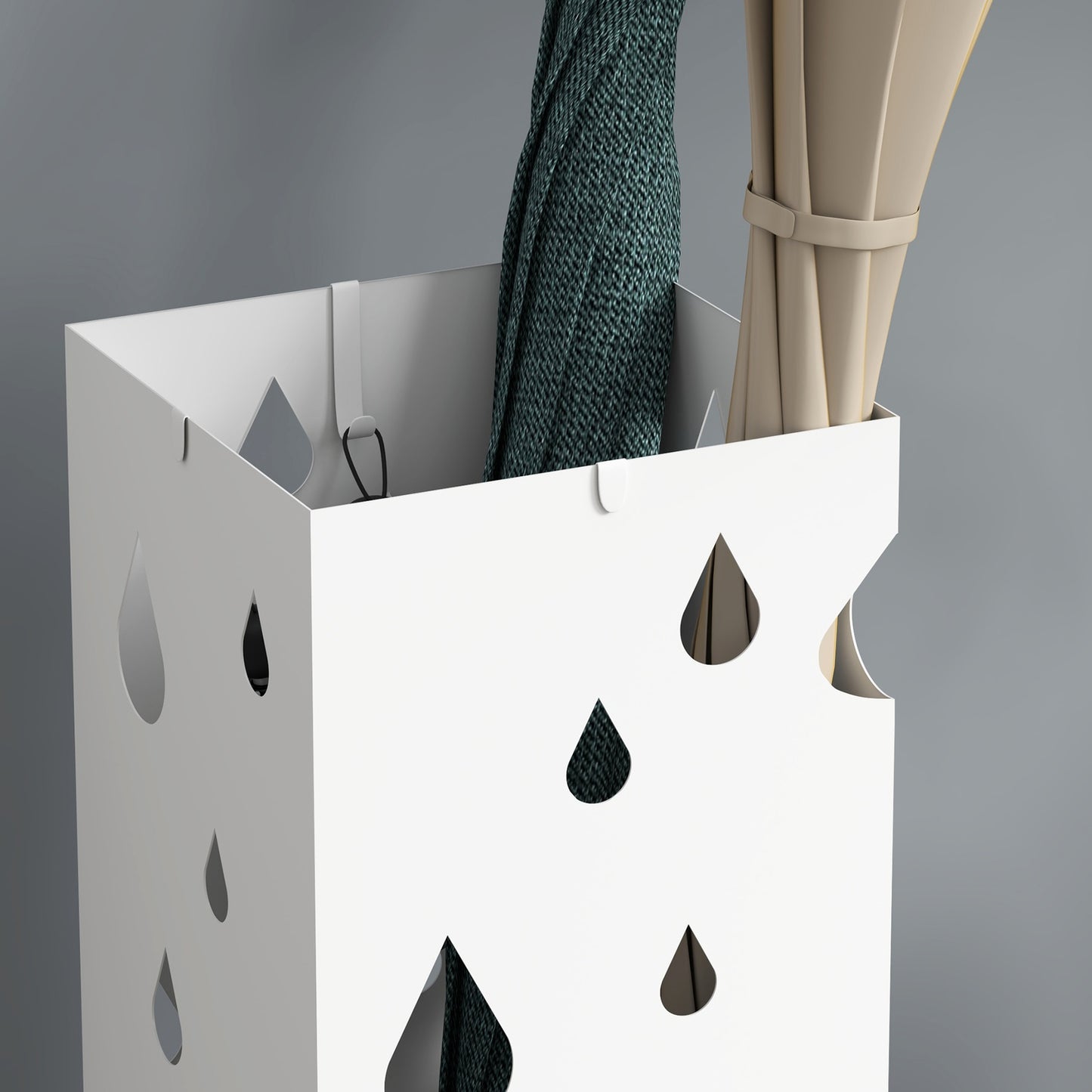 Steel umbrella stand with hooks and water tray - White