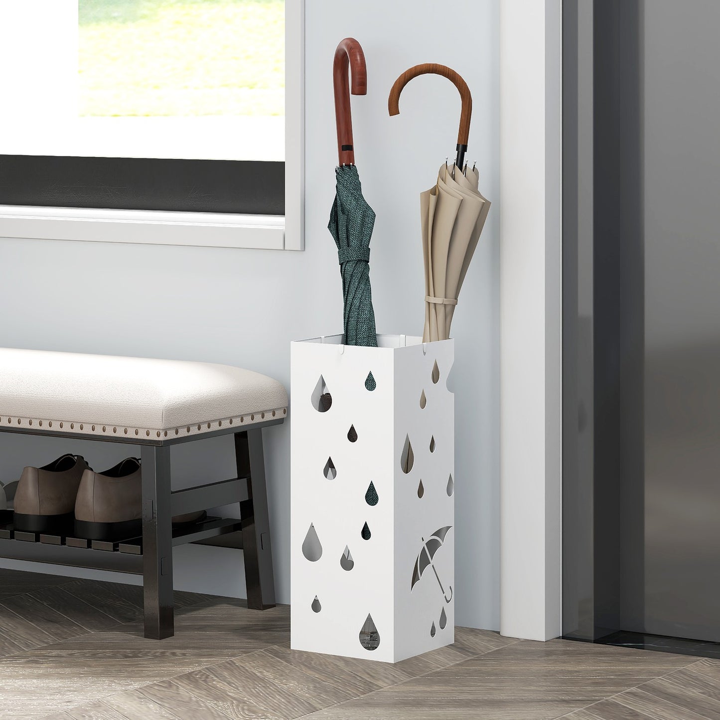 Steel umbrella stand with hooks and water tray - White