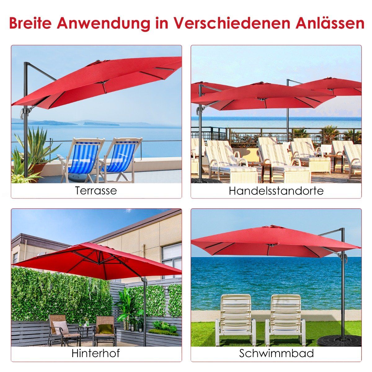 Umbrella with 3 tilt settings for gardens, terraces, cafes, 300 x 300 x 273 cm, wine red