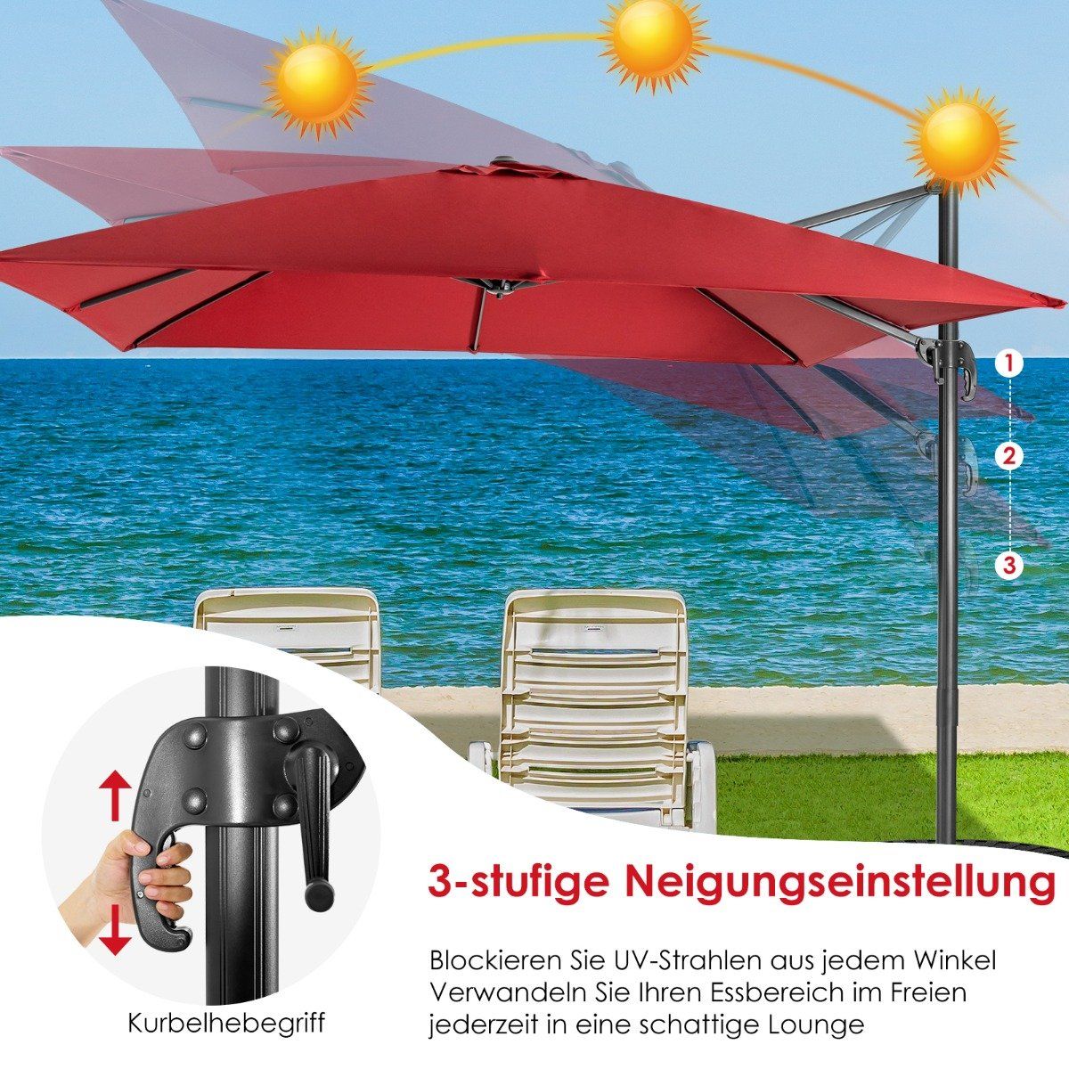 Umbrella with 3 tilt settings for gardens, terraces, cafes, 300 x 300 x 273 cm, wine red