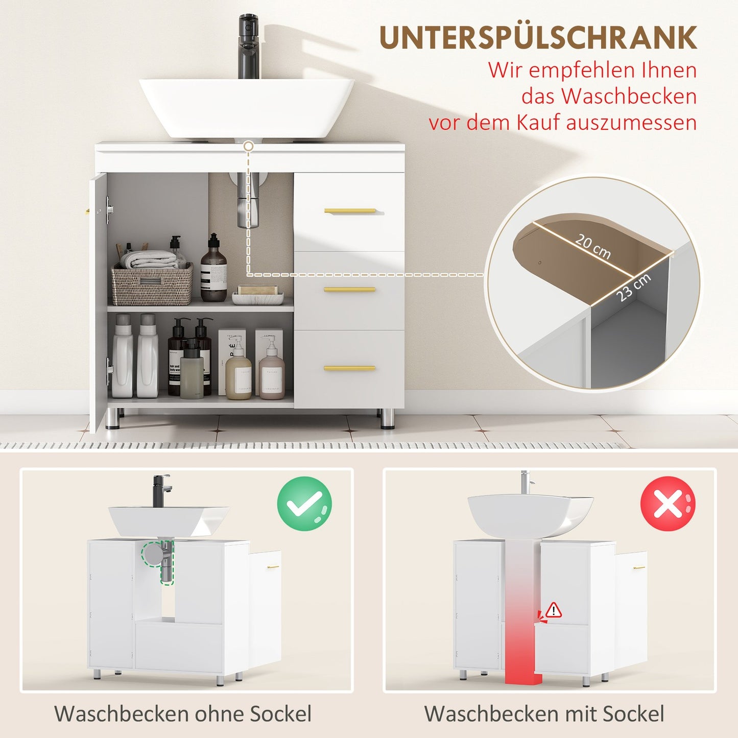 Under-Sink Bathroom Cabinet, White MDF, Soft-Close Hinges