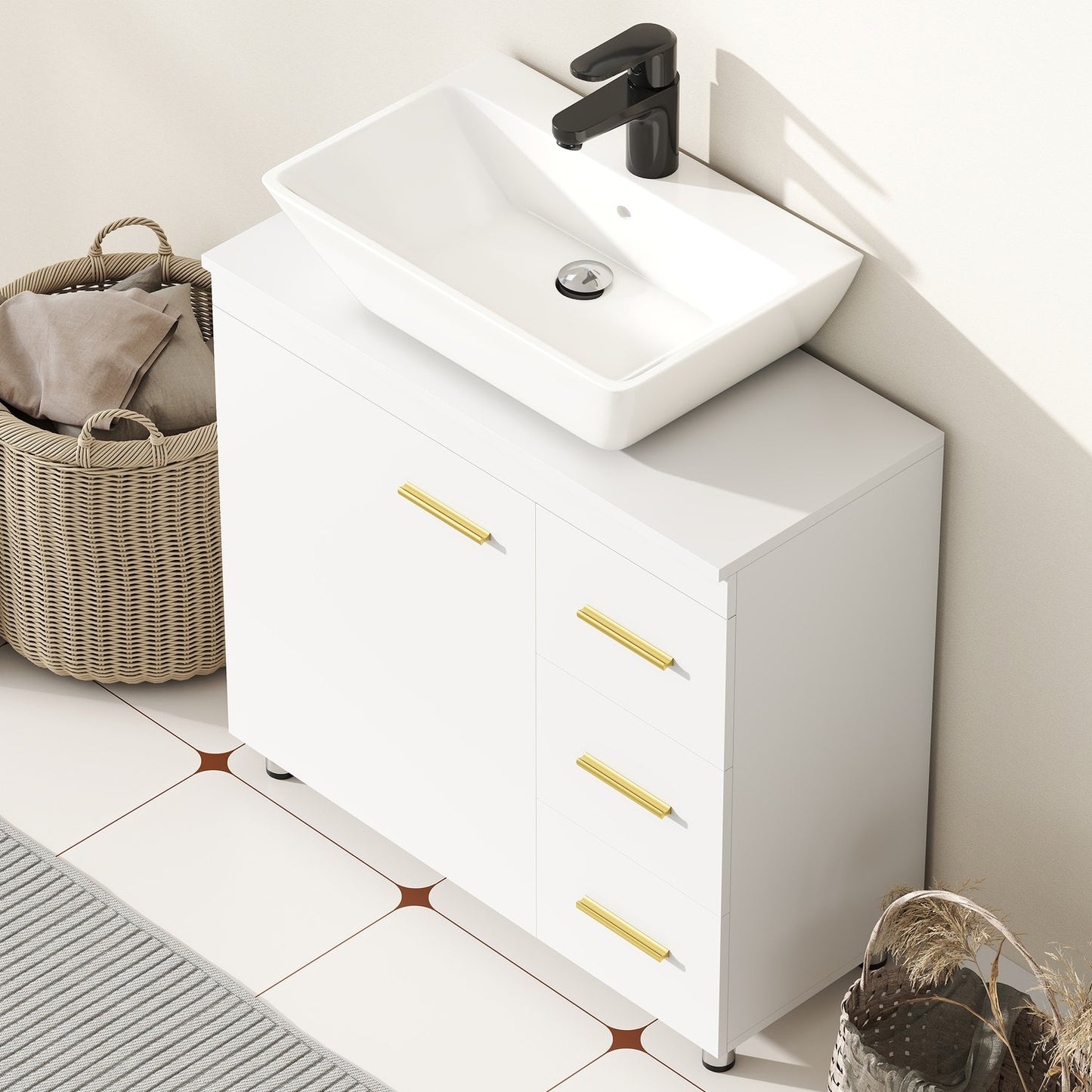Under-Sink Bathroom Cabinet, White MDF, Soft-Close Hinges