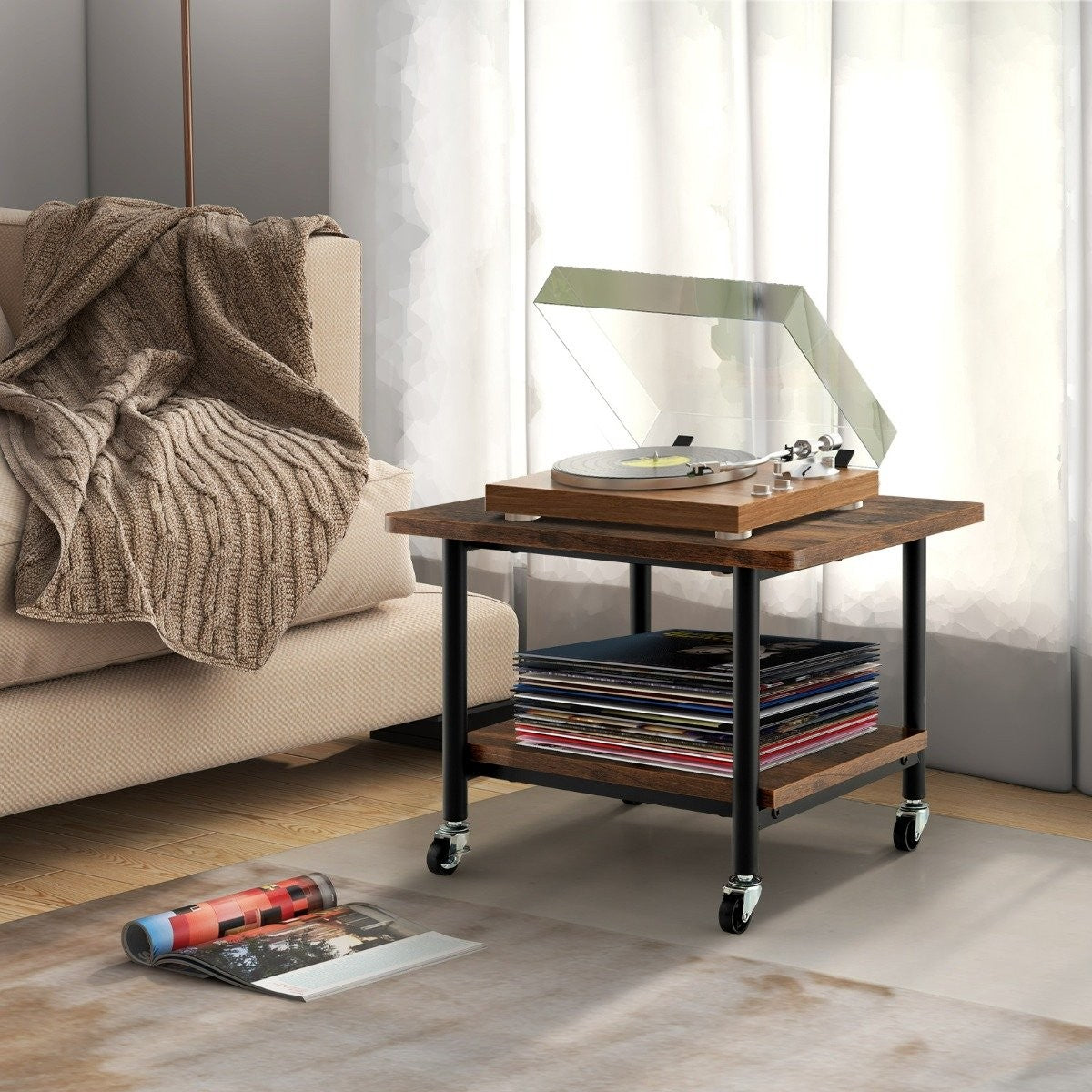 Under-table printer tray with transport wheels 2-tier printer tray 49 x 40 x 37 cm brown
