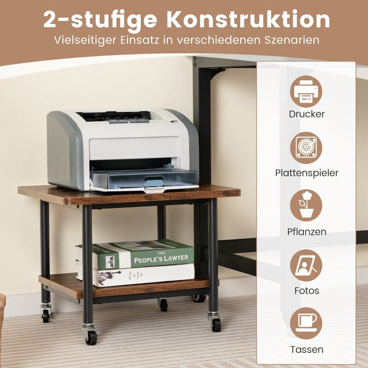 Under-table printer tray with transport wheels 2-tier printer tray 49 x 40 x 37 cm brown