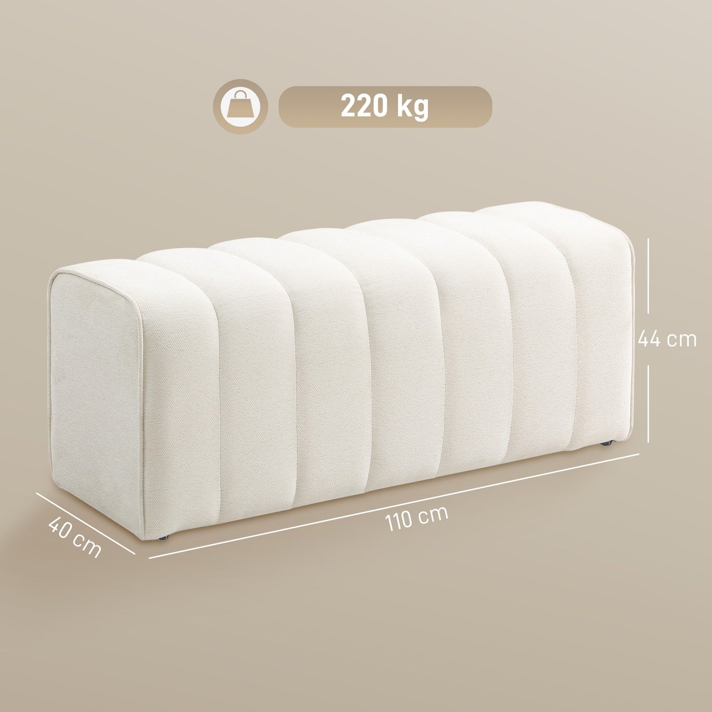 Upholstered Bedroom Bench, Wood Frame, 220kg Capacity, Cream