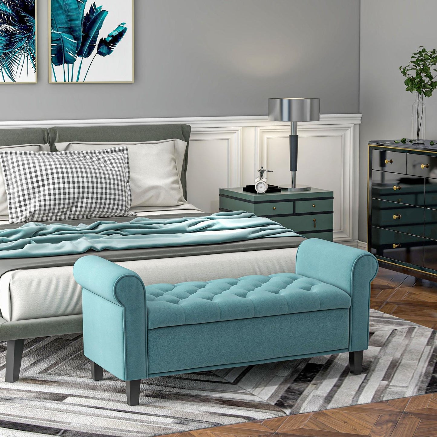 Storage bench in green velvet, capacity 120 kg, 126x48.5x47 cm
