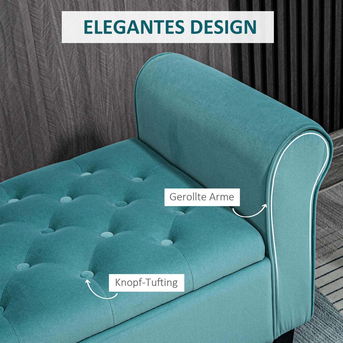 Storage bench in green velvet, capacity 120 kg, 126x48.5x47 cm