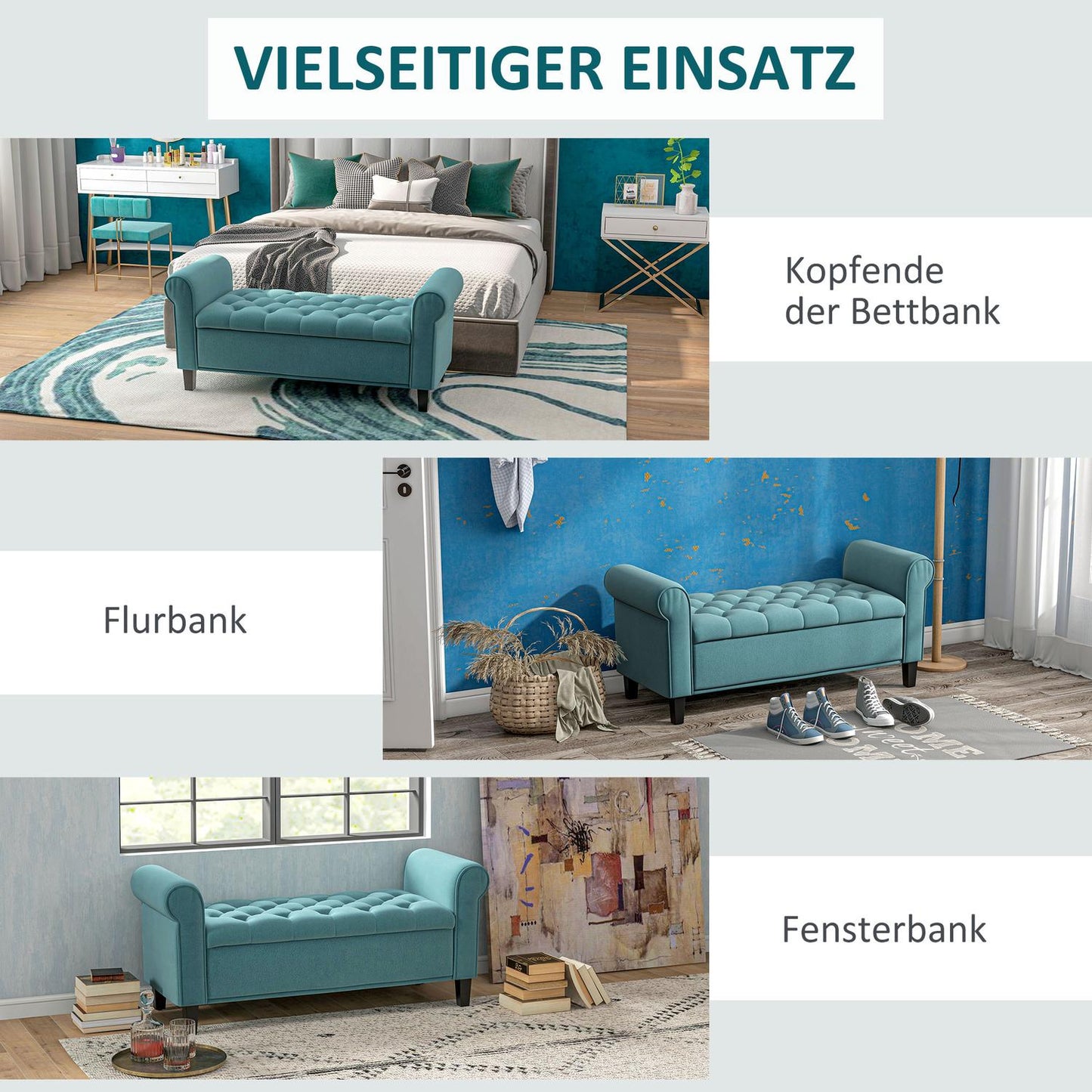 Storage bench in green velvet, capacity 120 kg, 126x48.5x47 cm