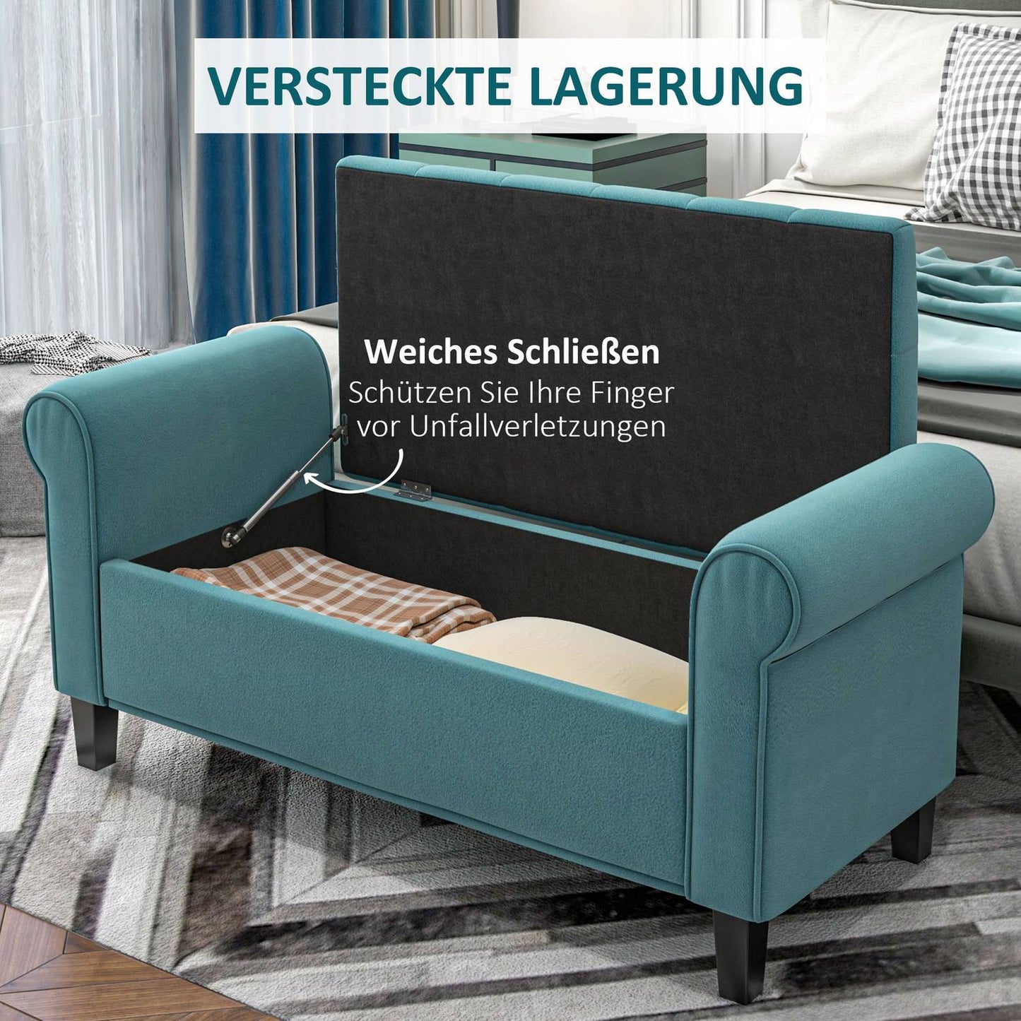 Storage bench in green velvet, capacity 120 kg, 126x48.5x47 cm